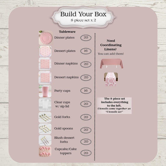 Product packaging with pink bow party tableware items and pricing for party of 16 on a wooden surface