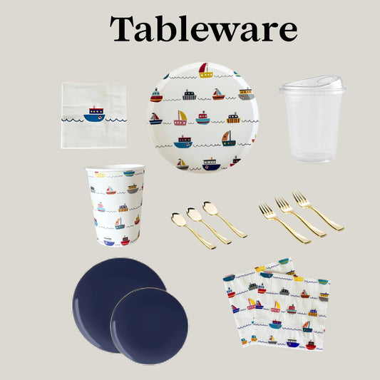 Collection of tableware with boat pattern on a beige background