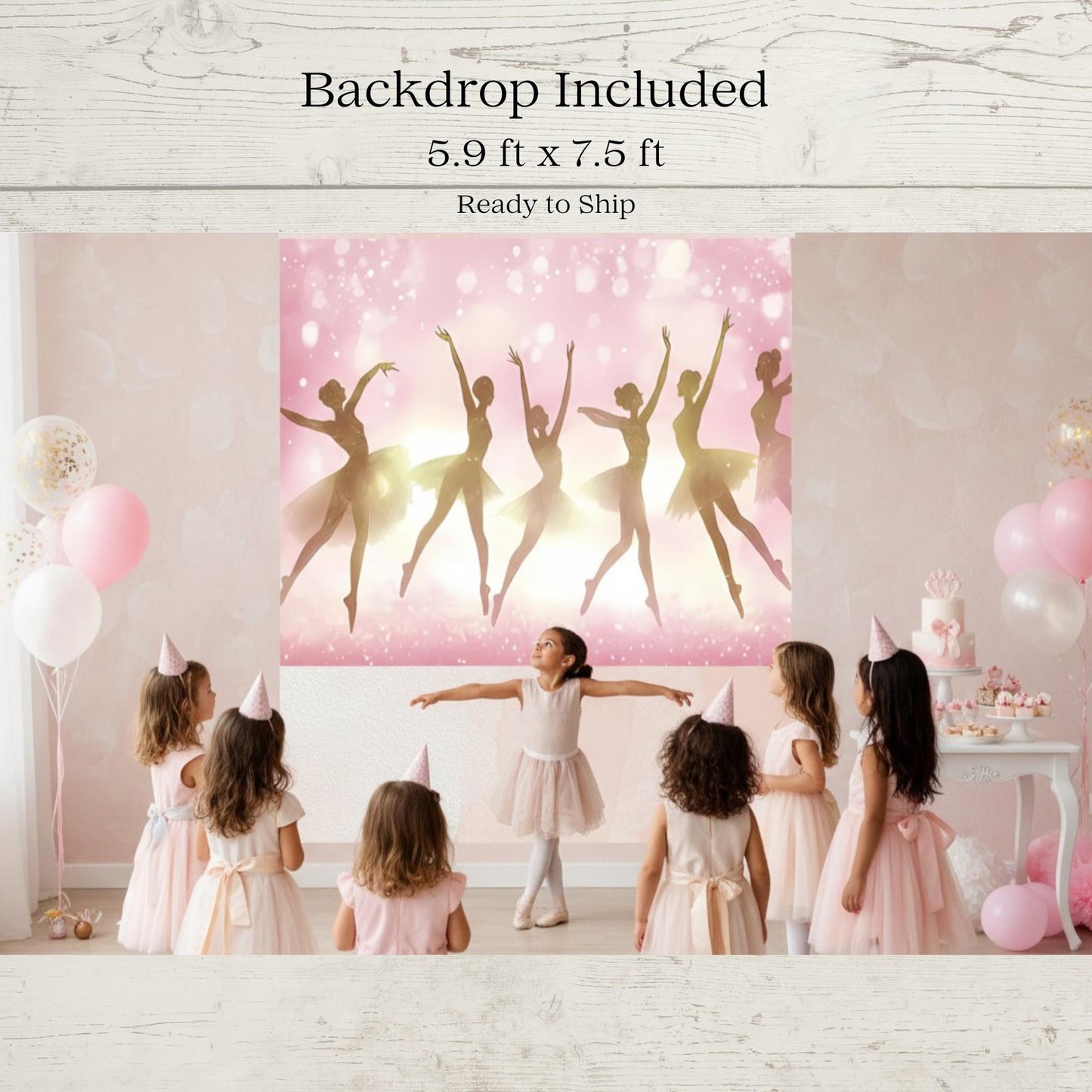 Children in ballet costumes with a pink backdrop featuring ballerina silhouettes in a room decorated with balloons and a cake.