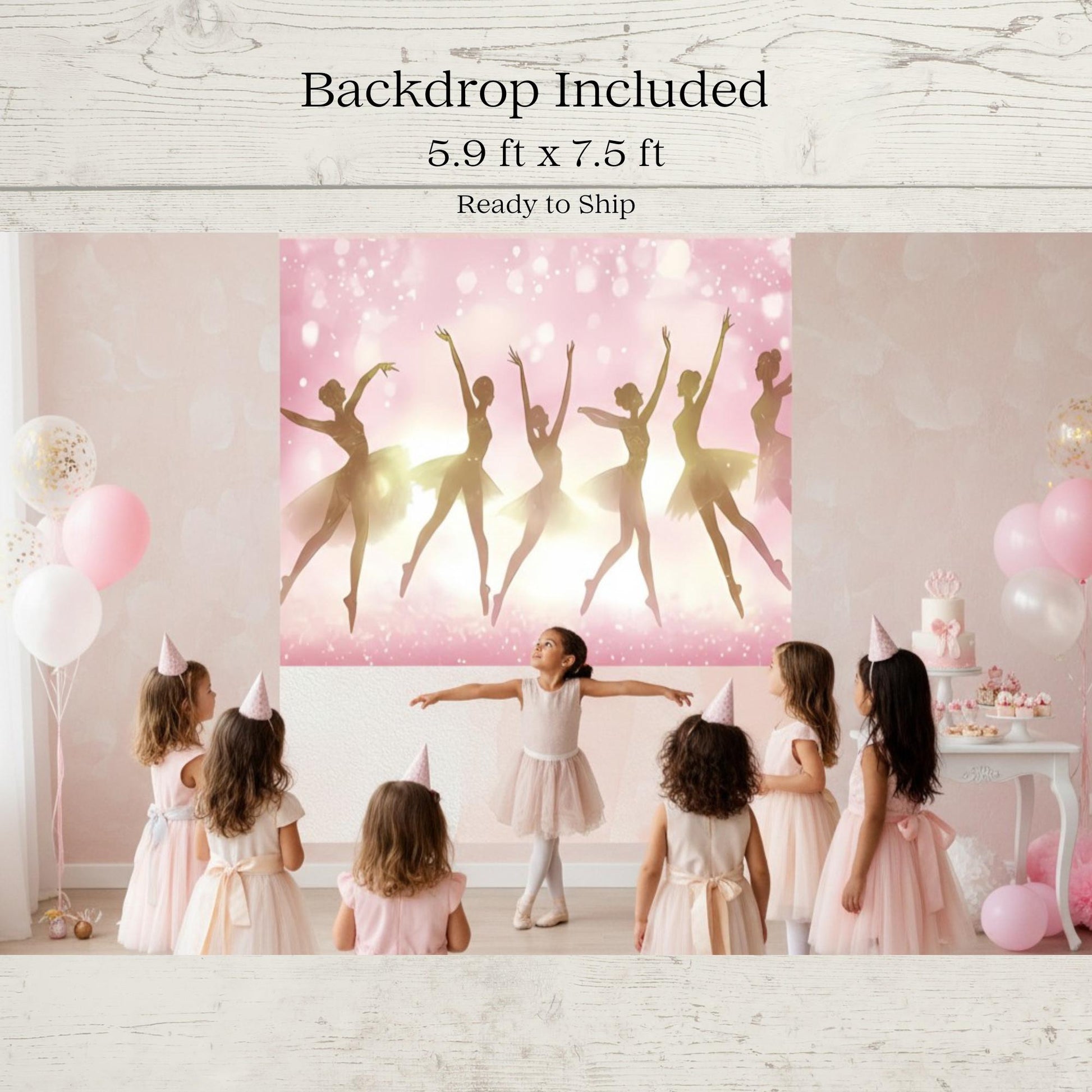 Children in ballet costumes with a pink backdrop featuring ballerina silhouettes in a room decorated with balloons and a cake.