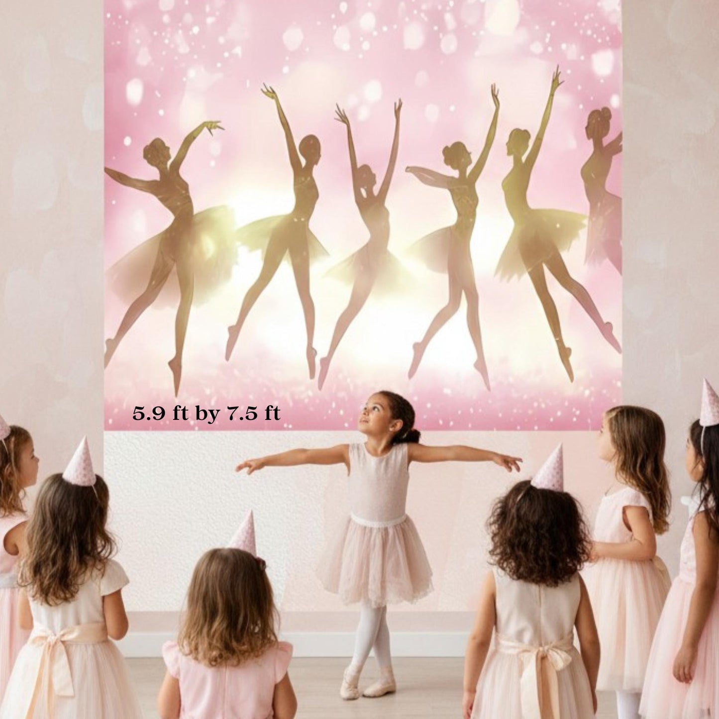 Children in ballet costumes standing in front of a large backdrop of ballerinas.