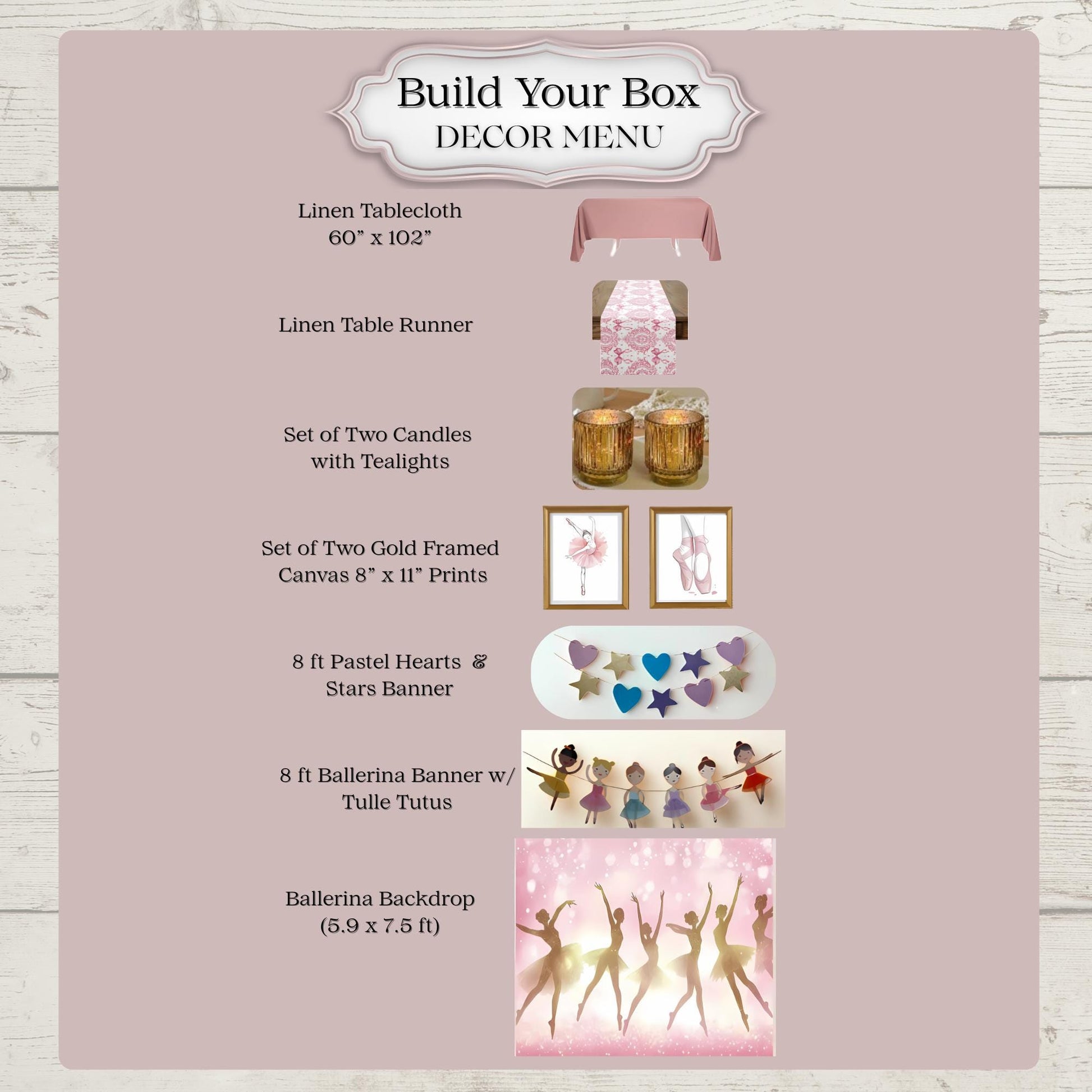 Decor menu for a 'Build Your Box' service with tablecloth, candles, and ballerina-themed items on a pink ballet themed background.