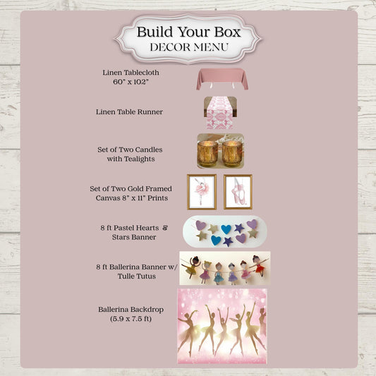 Decor menu for a 'Build Your Box' service with tablecloth, candles, and ballerina-themed items on a pink ballet themed background.