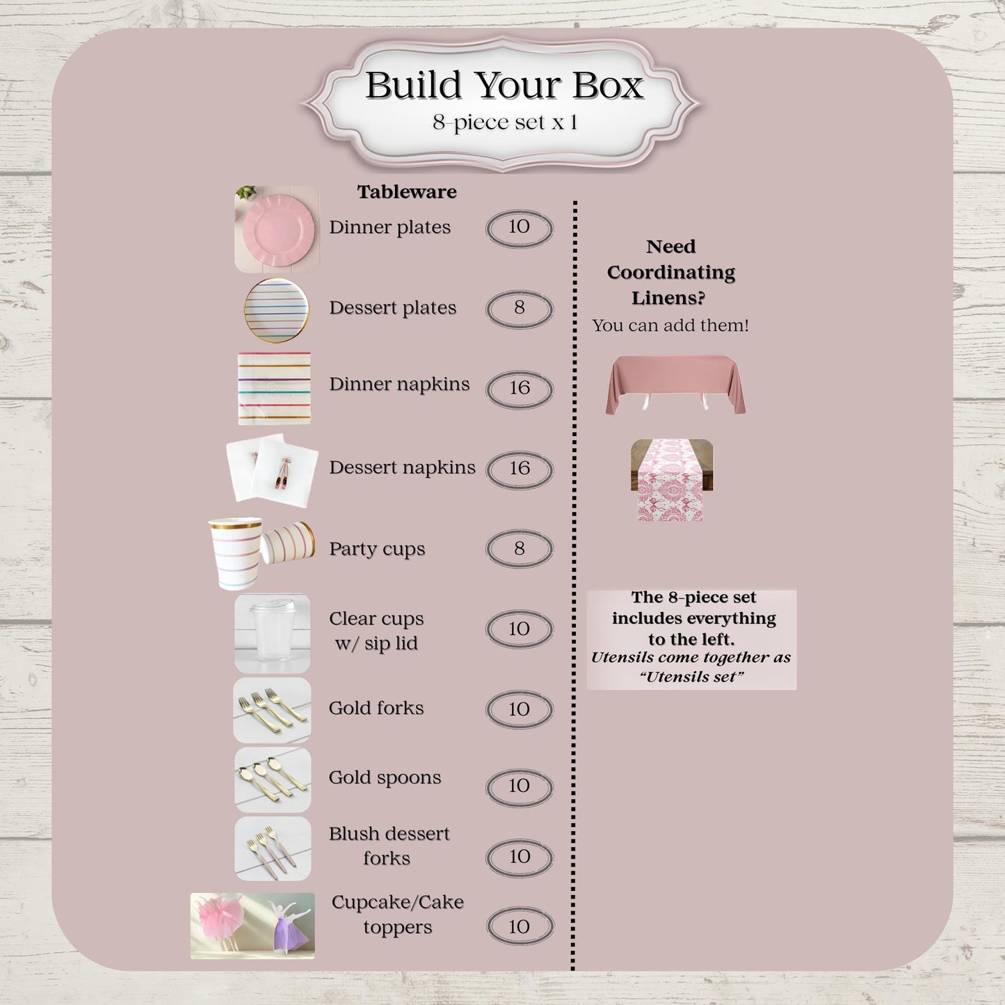 Product packaging with ballet theme tableware items and quantity details for party of 8 on a pink background