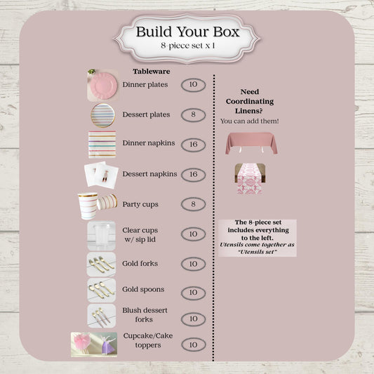 Product packaging with ballet theme tableware items and quantity details for party of 8 on a pink background