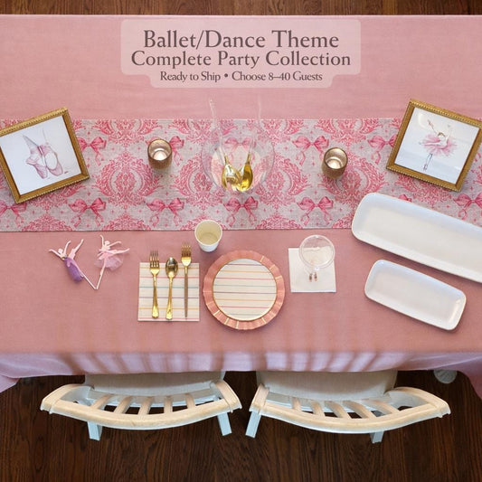 Ballet/dance theme party collection with tableware and decor on a pink tablecloth.