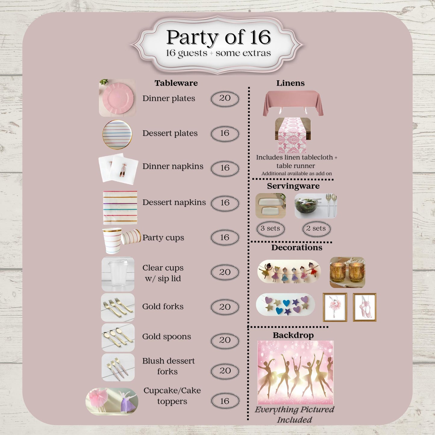 Party planning checklist for 16 guests with tableware, linens, and decorations on a pink background.