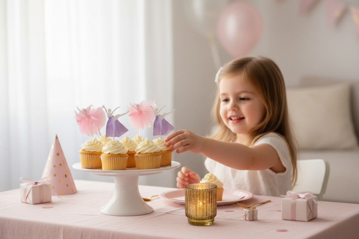 Child at a birthday party reaching for a cupcake on a table with Ballet Cupcake Toppers