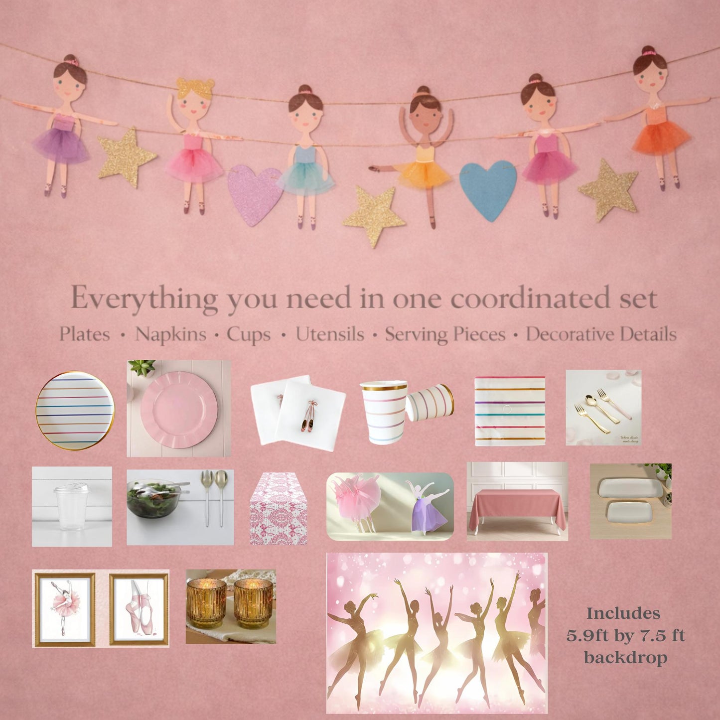 Product set with ballerina-themed items on a pink background