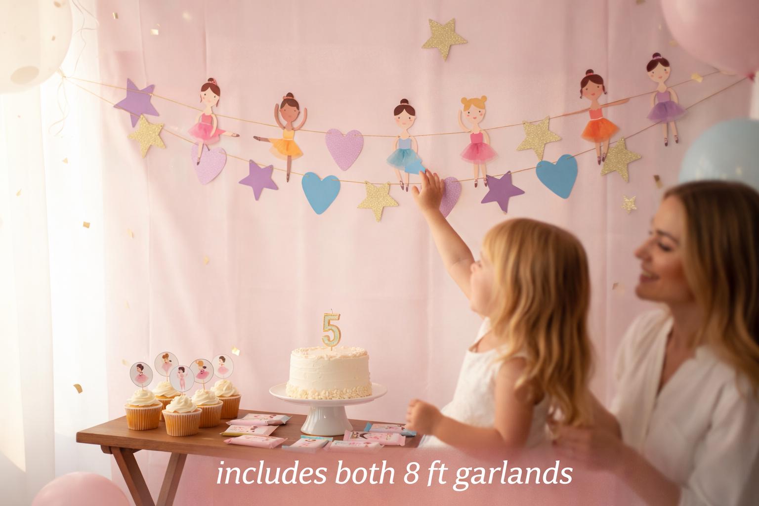 Child and adult looking at a birthday cake with a decorative garland in a room.
