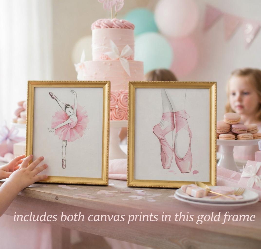 Two framed ballet-themed prints on a table with a pink cake and balloons in the background.