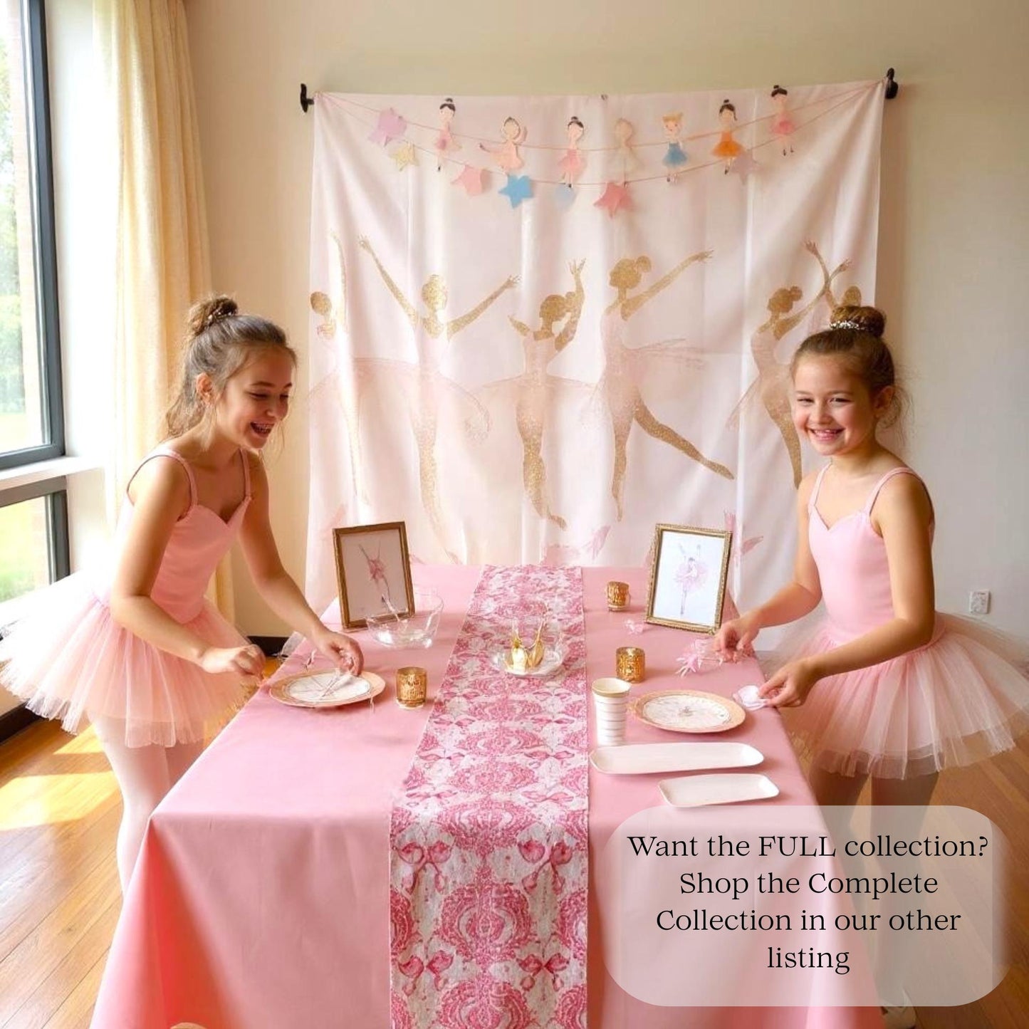 Two young girls in ballet costumes setting a table with a pink tablecloth and decor.