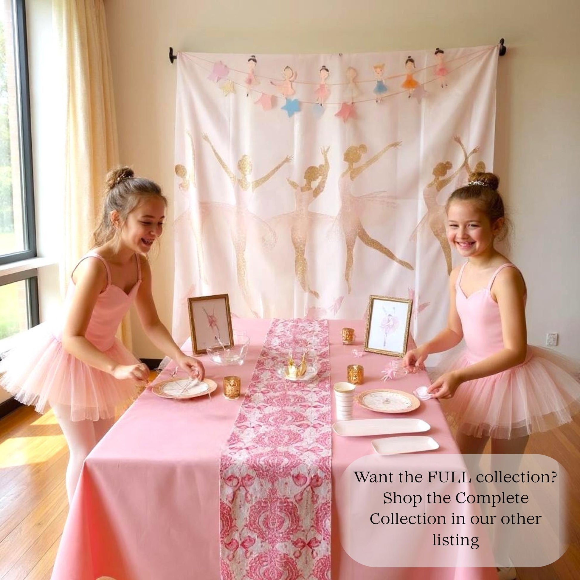 Two young girls in ballet costumes setting a table with a pink tablecloth and decor.