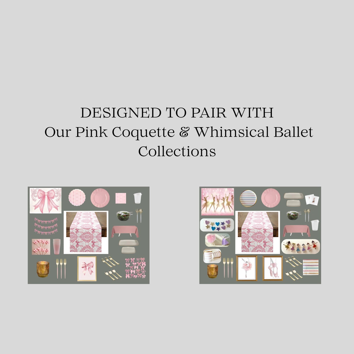 Promotional graphic for Pink Coquette and Whimsical Ballet collections with product images on a gray background.