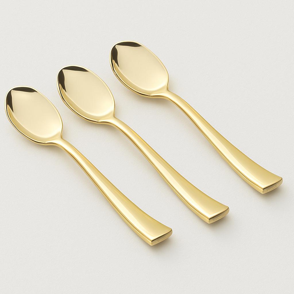 Four gold spoons on a light gray background