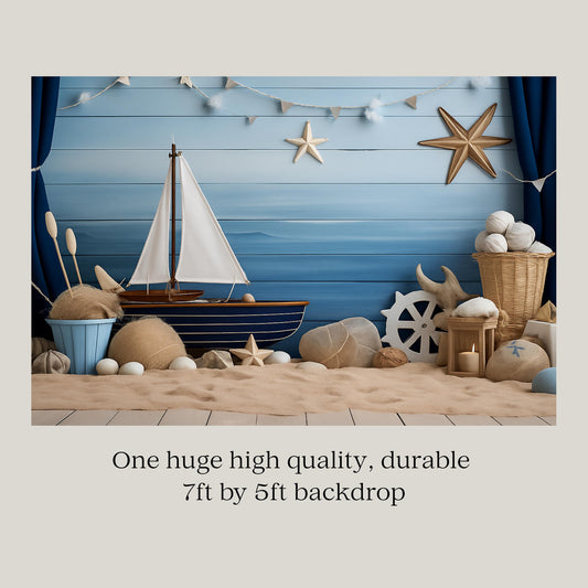 Nautical-themed backdrop with a ship, starfish, and beach theme against a blue wooden wall.
