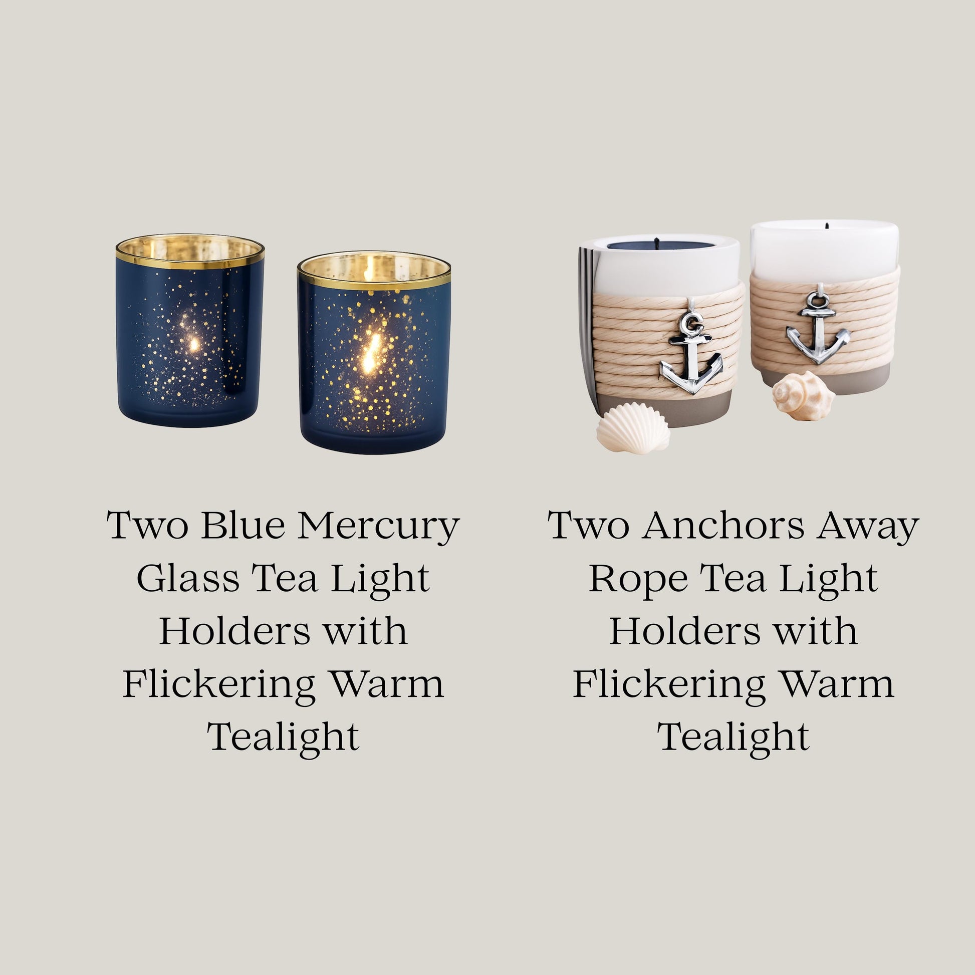 Two sets of tea light holders with descriptions on a neutral background