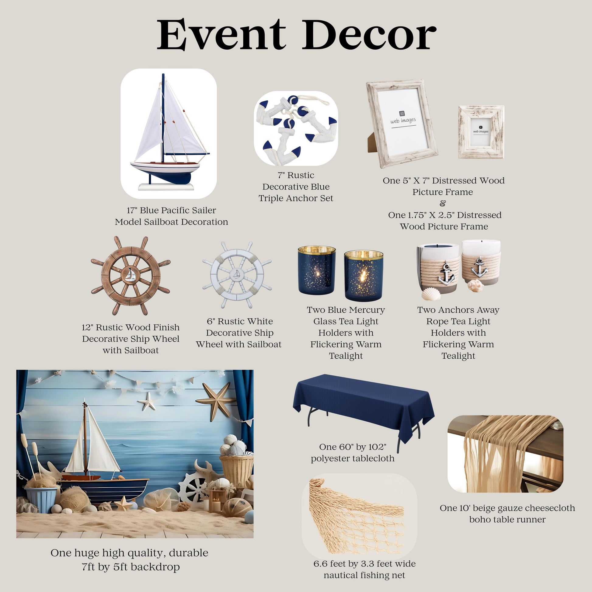 Collection of nautical event decor items with descriptions on a beige background