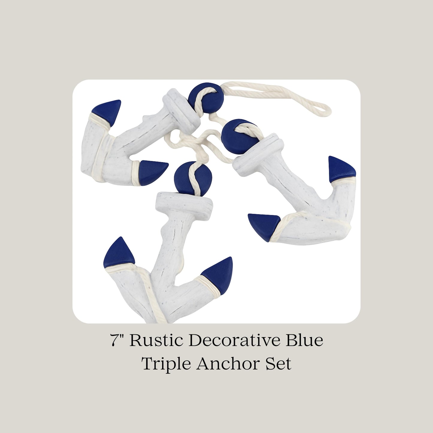 Set of three decorative anchors with blue accents on a beige background