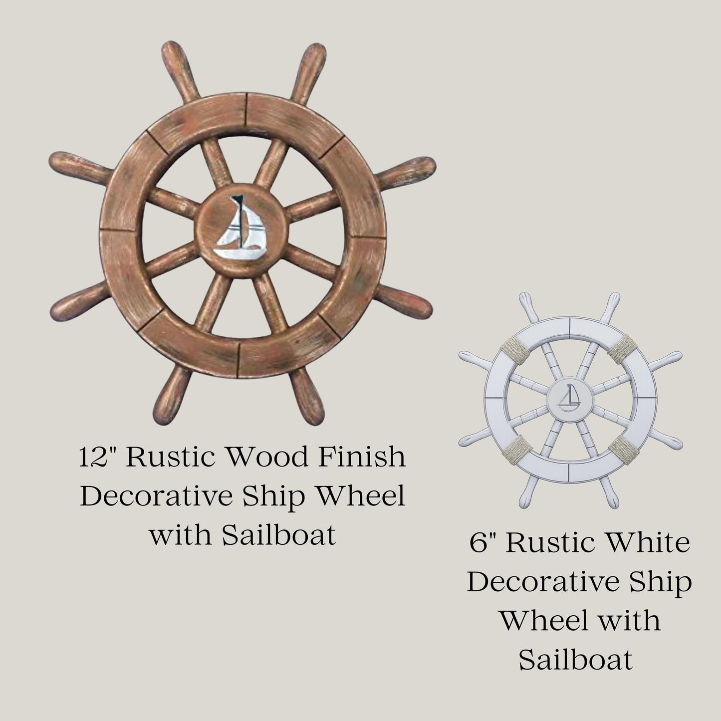 Decorative ship wheels with rustic wood finish and white finish on a beige background.