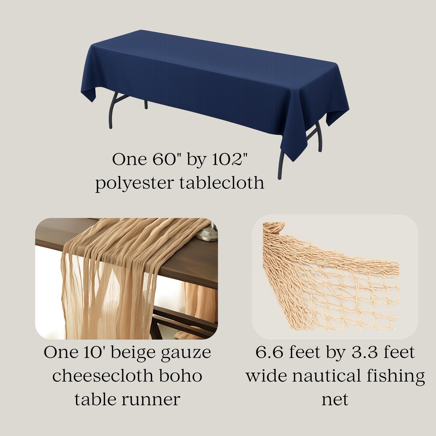 Navy blue tablecloth on a table with additional nautical themed table linens shown below.