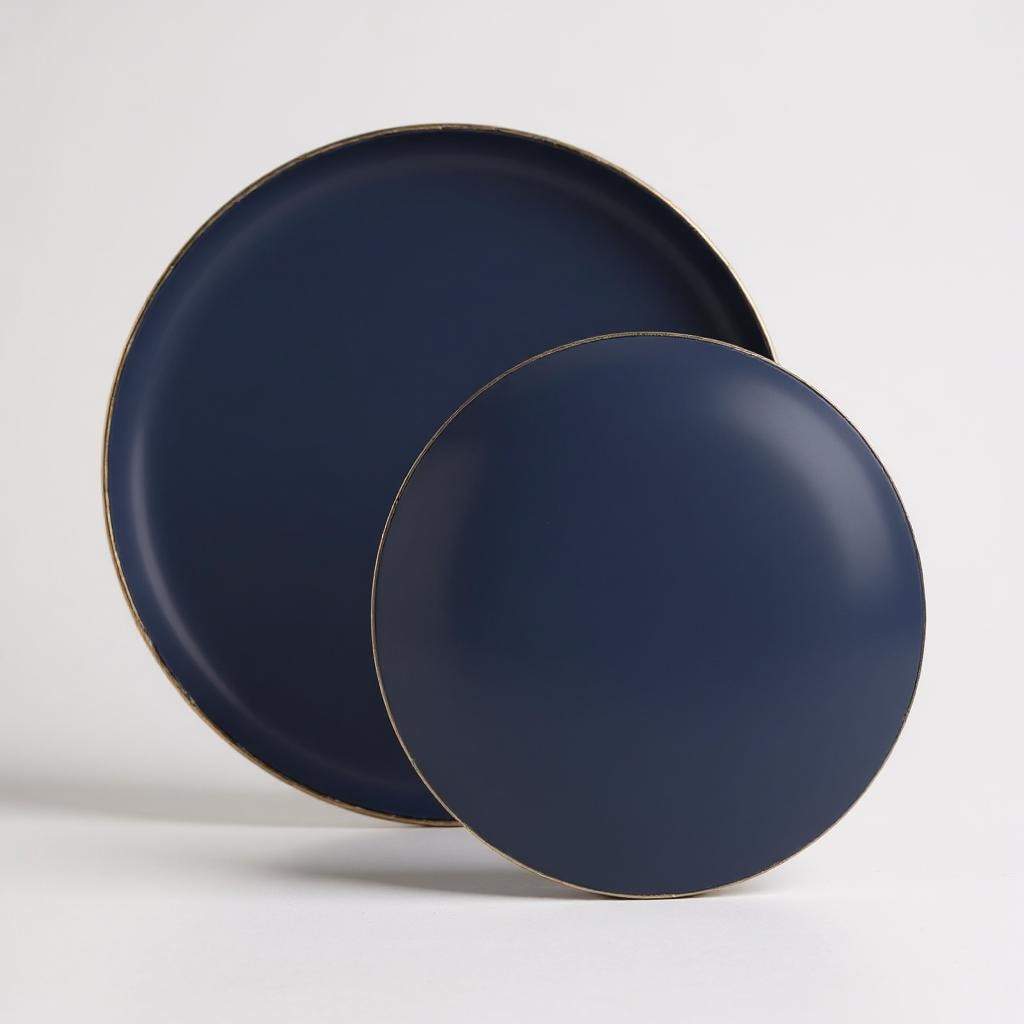 Two navy blue plates with gold rims on a light gray background