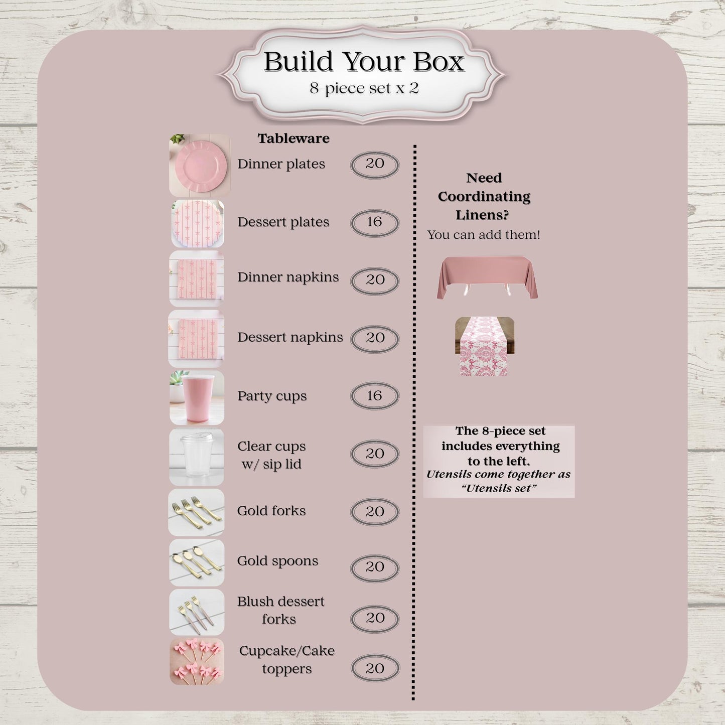 Product packaging with pink bow party tableware items and pricing  for party of 16 on a wooden surface