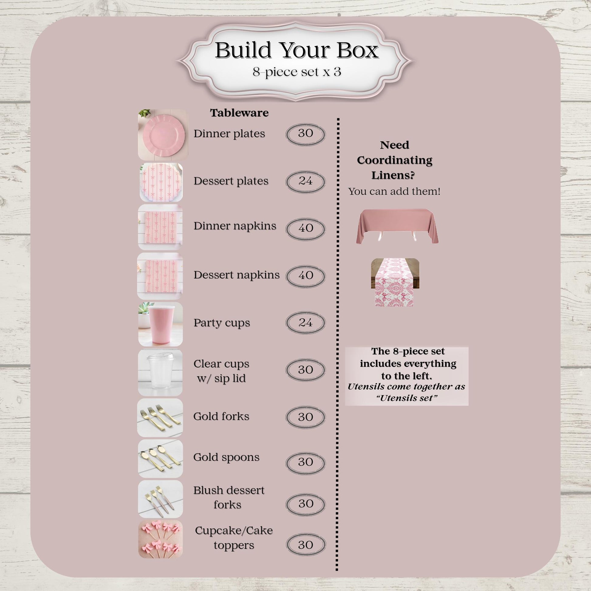 Product packaging with pink bow party tableware items and quantities for party of 24 on a pink background
