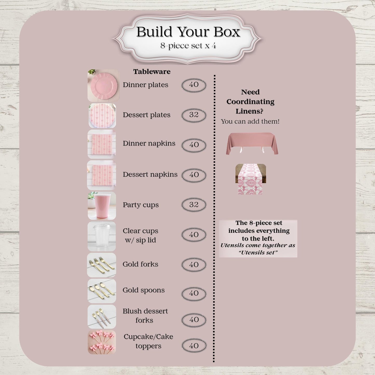 Product listing for pink bow party tableware set with quantities for party of 32 on a pink background