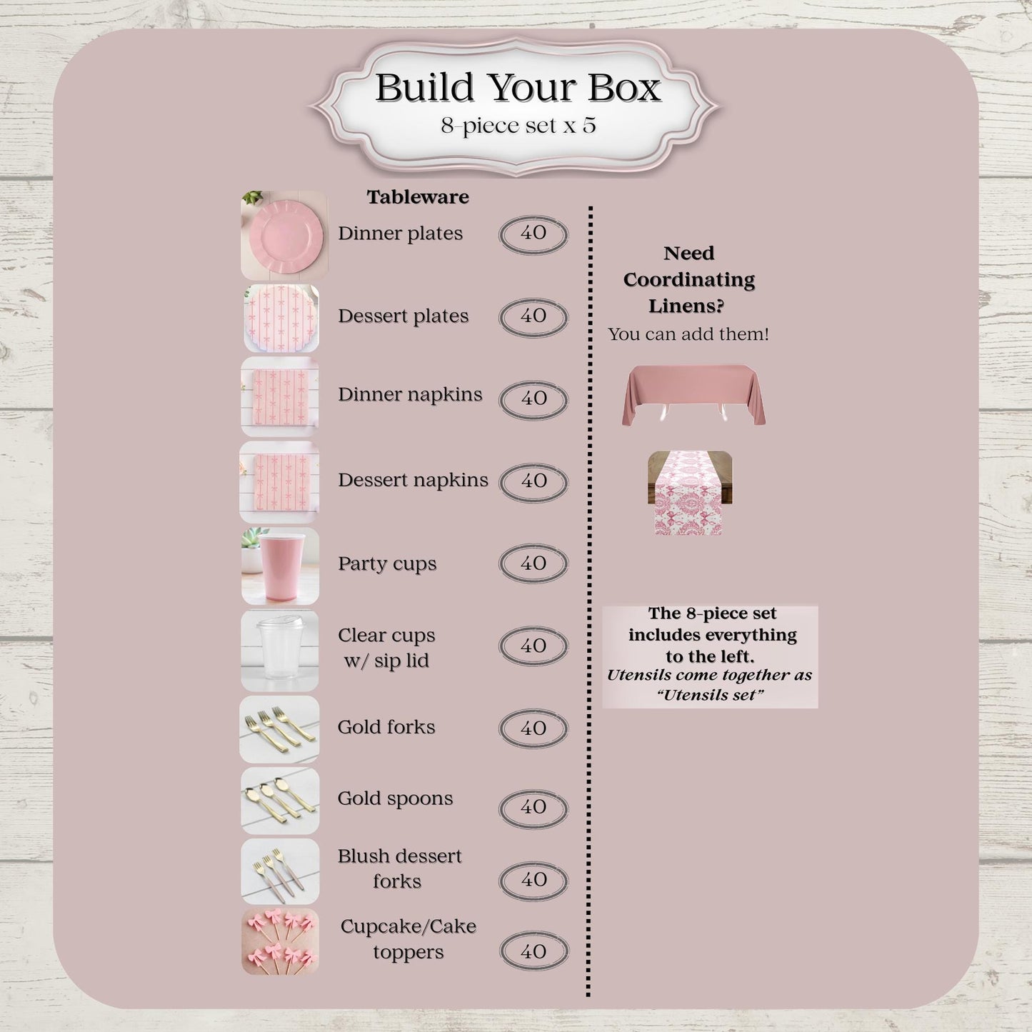 Product packaging with pink bow party tableware items and pricing for party of 40 on a light wooden background