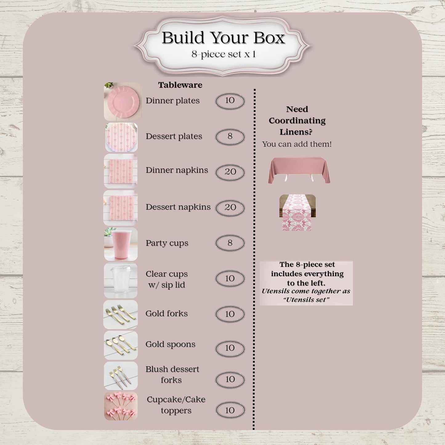Product packaging with a list of pink bow tableware items and quantities for party of 8 on a pink background.
