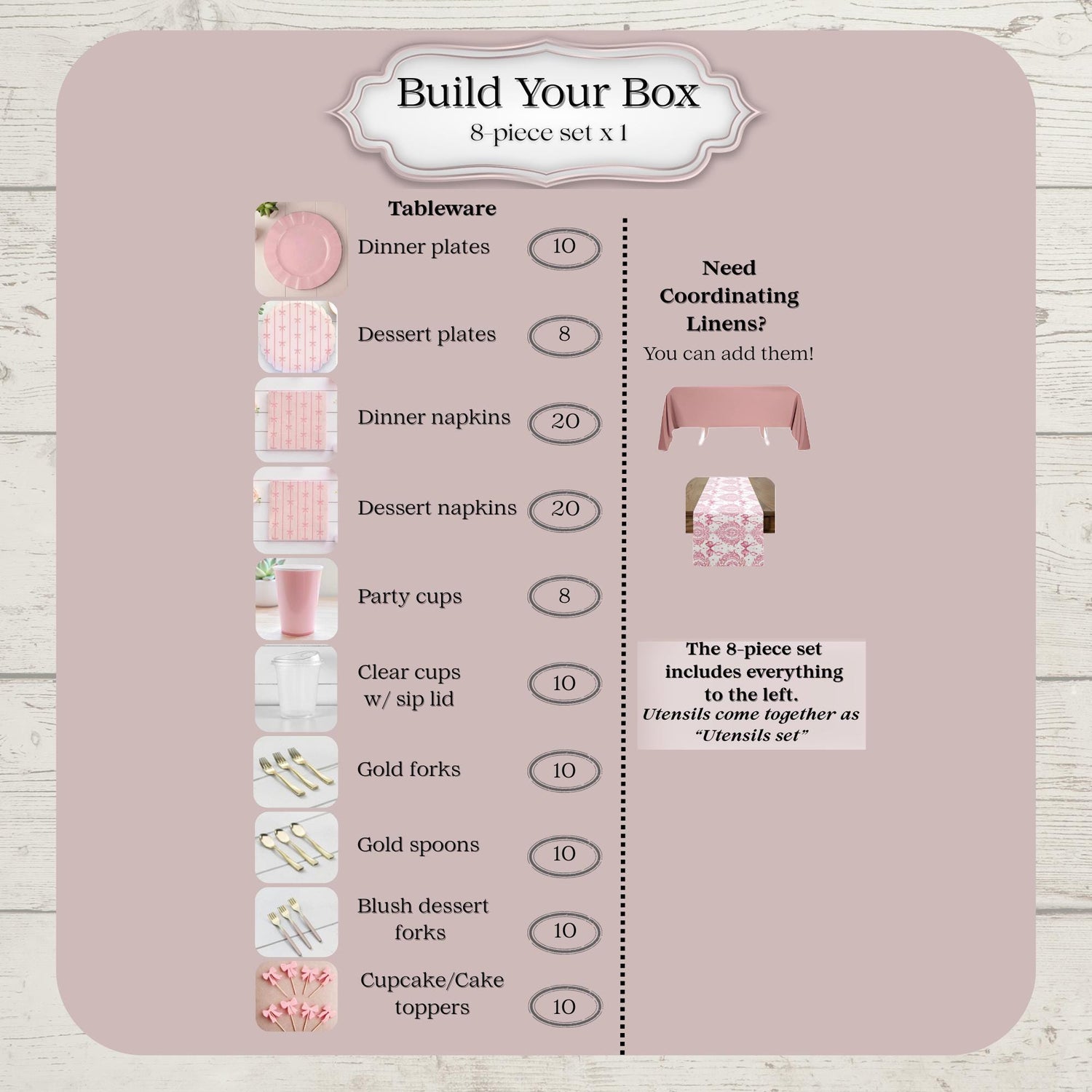 Product packaging with a list of pink bow tableware items and quantities for party of 8 on a pink background.