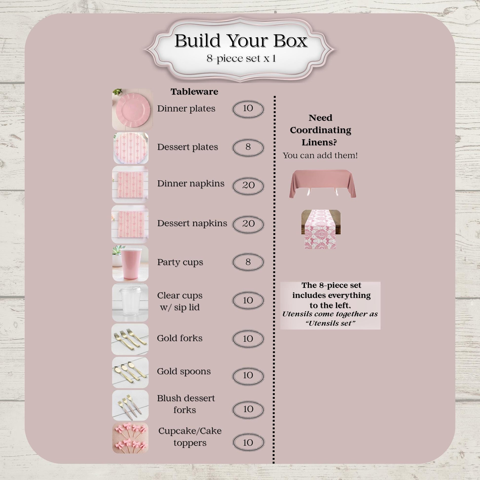 Product packaging with a list of pink bow tableware items and quantities for party of 8 on a pink background.