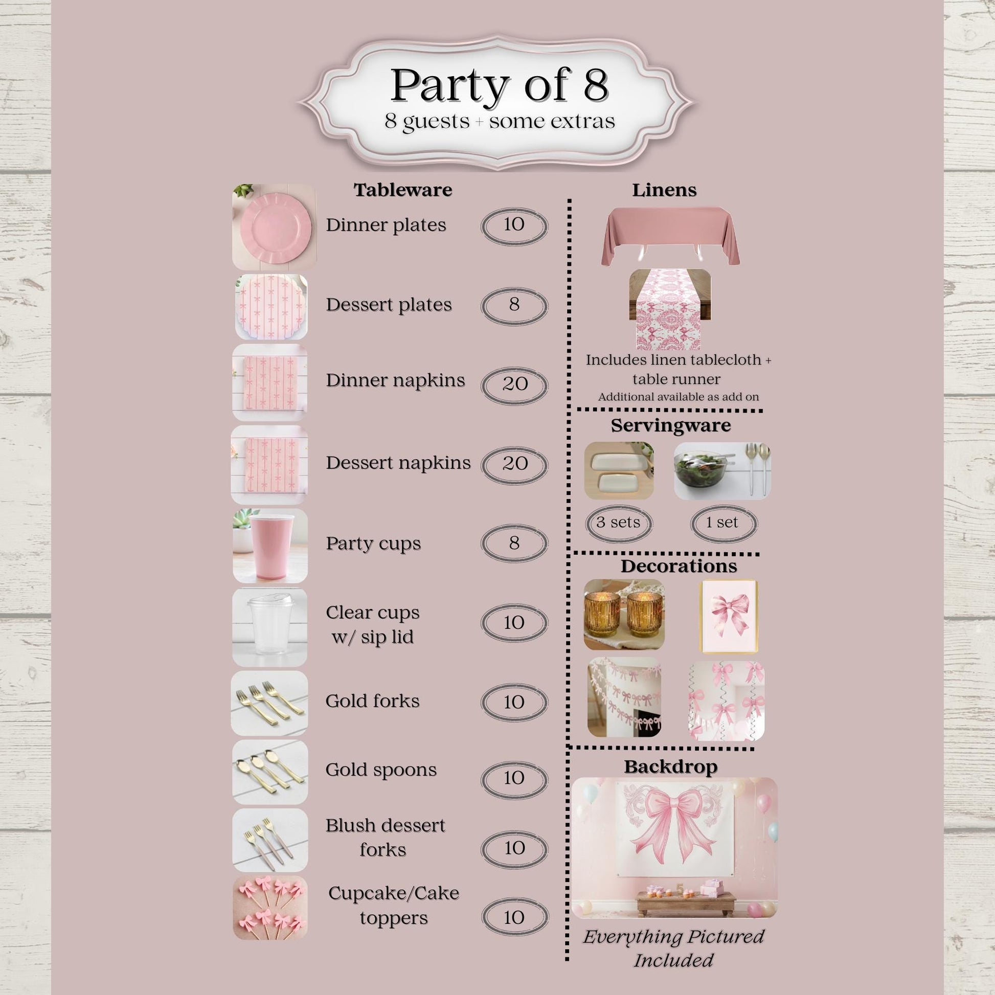 Party planning checklist for 8 guests with tableware, linens, and decorations on a pink background.
