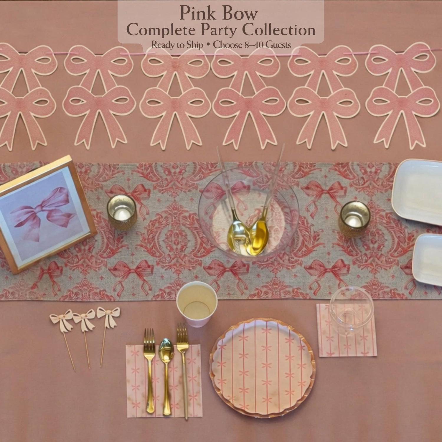 Pink Bow Complete Party Collection with table setting and decor elements.