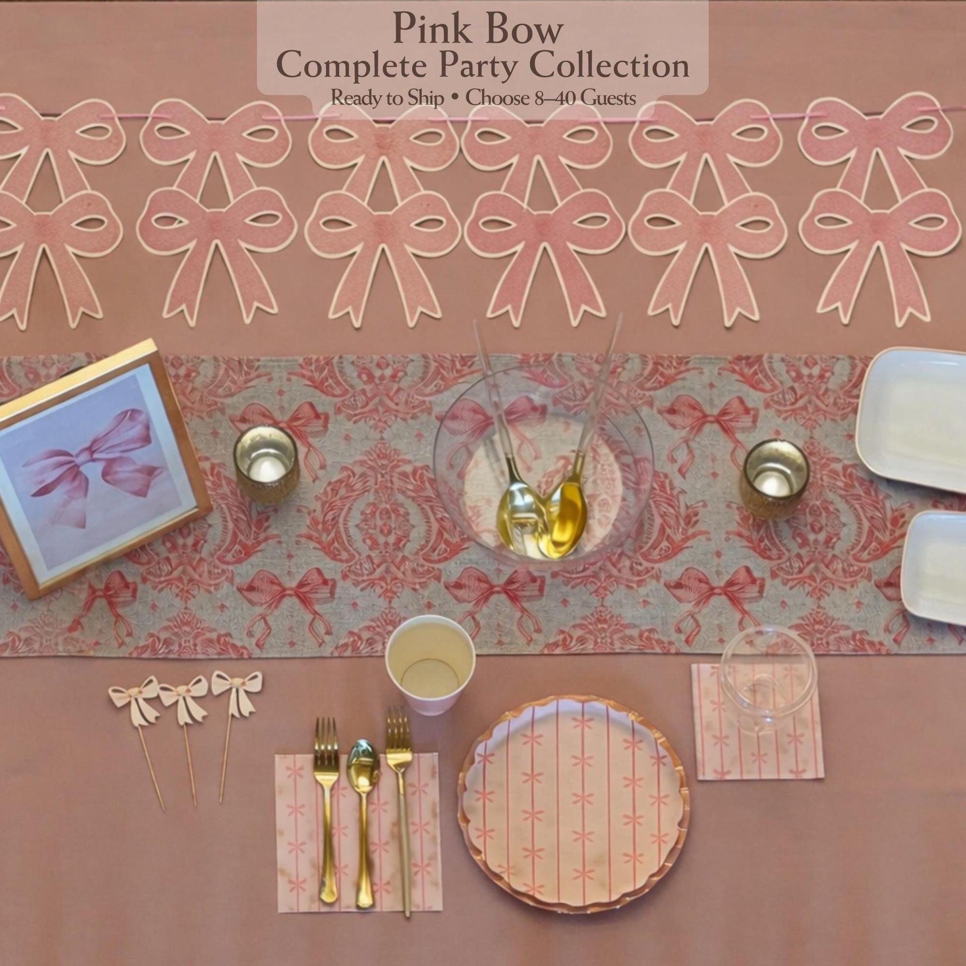 Pink Bow Complete Party Collection with table setting and decor elements.
