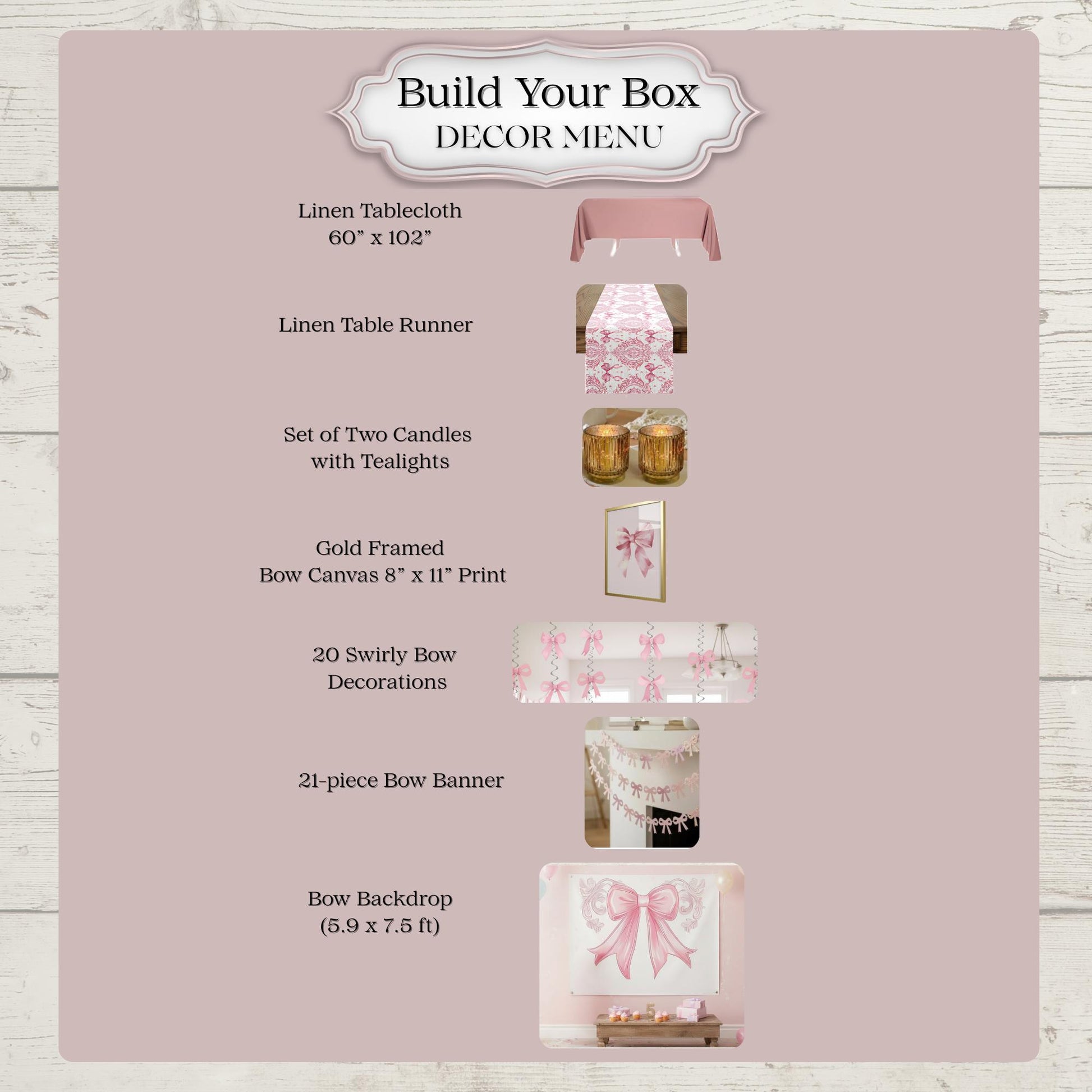 Decor menu for customizable pink bow party items on a light wooden surface.