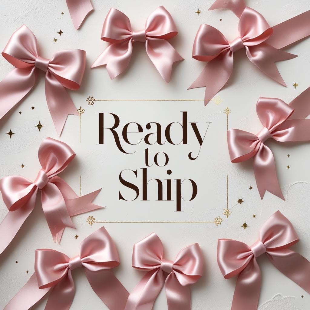Pink satin bows with 'Ready to Ship' text on a light background
