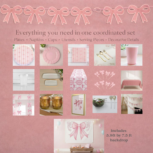 Pink party supplies set with plates, napkins, cups, and decor on a pink background.