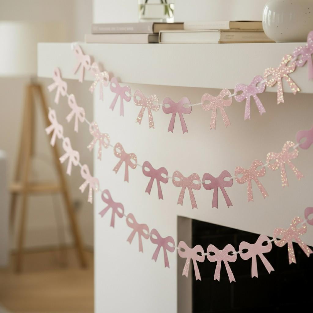 Decorative bow garland on a white fireplace mantle.
