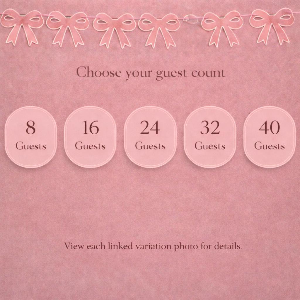 Pink background with decorative bows and guest count options for event planning.