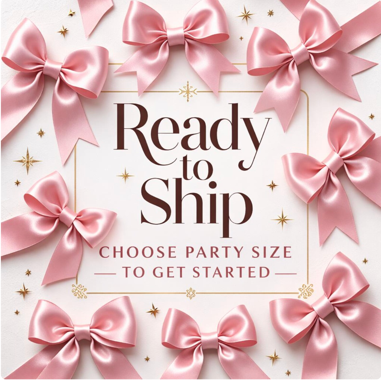 Promotional graphic with pink ribbons and text about party supplies, on a white background.