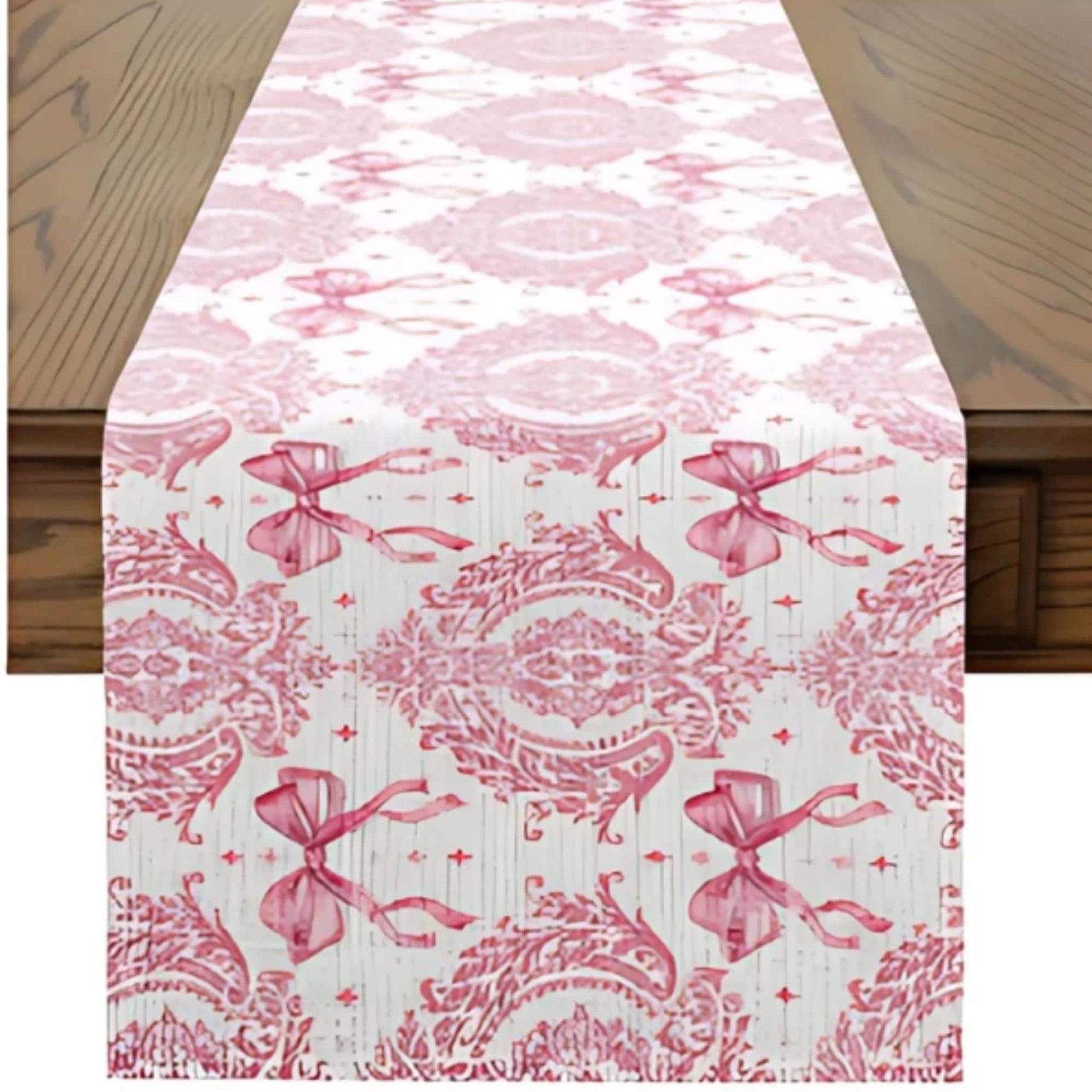 Pink and white patterned table runner on a wooden table