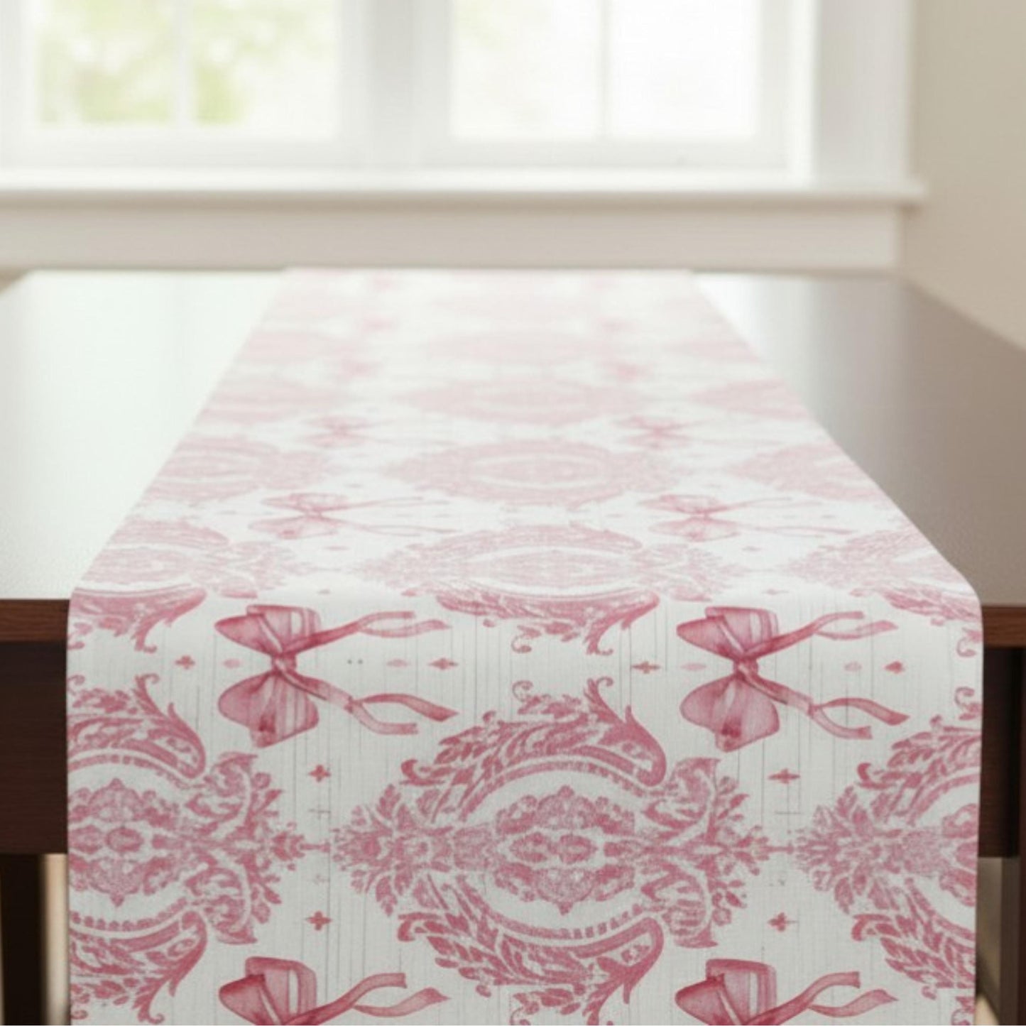 Table runner with pink floral and bow pattern on a white background