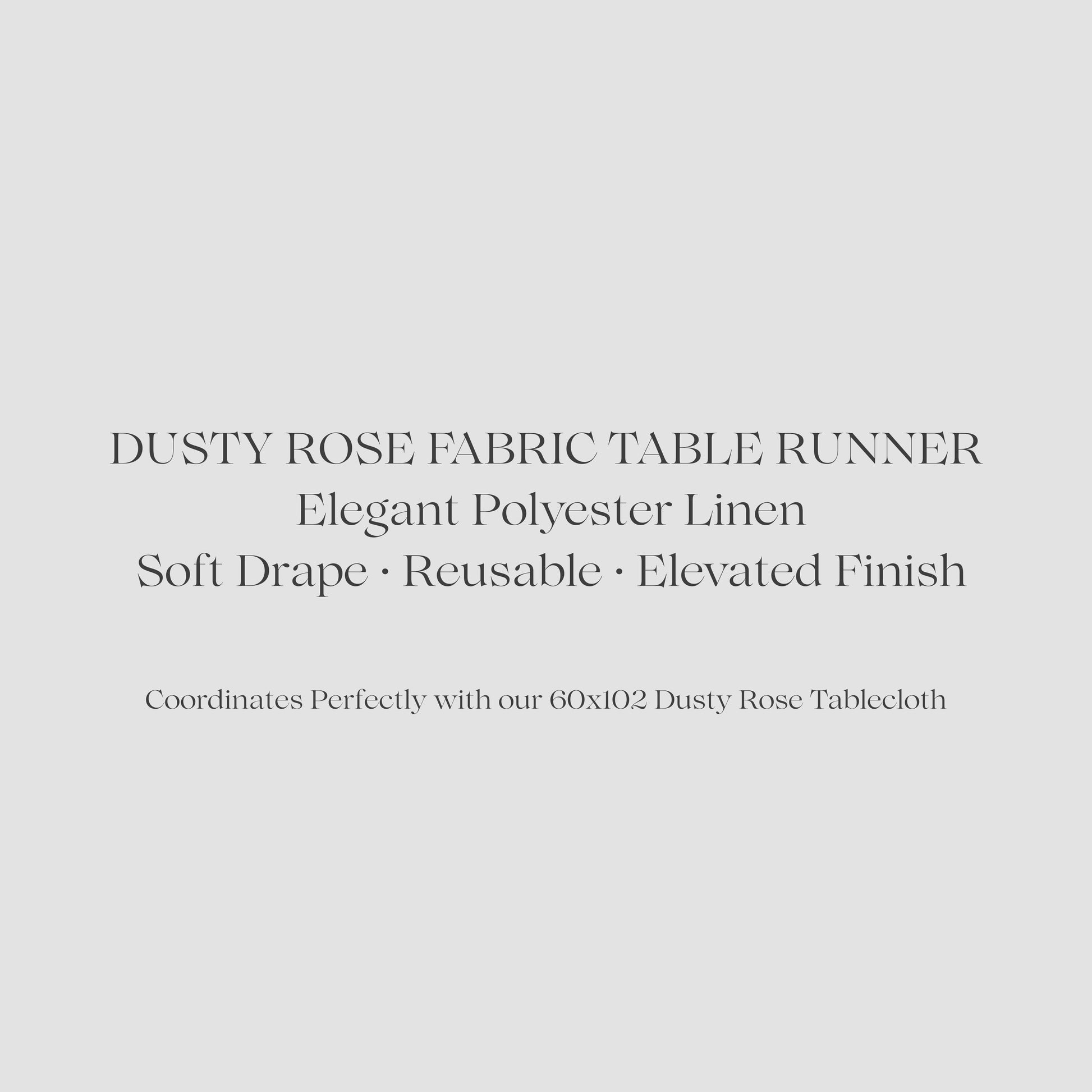 Text description of a dusty rose fabric table runner on a light gray background