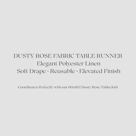 Text description of a dusty rose fabric table runner on a light gray background