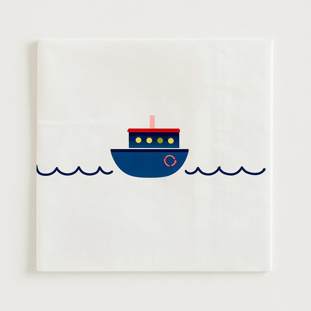 Illustration of a blue boat with a red top on a white background