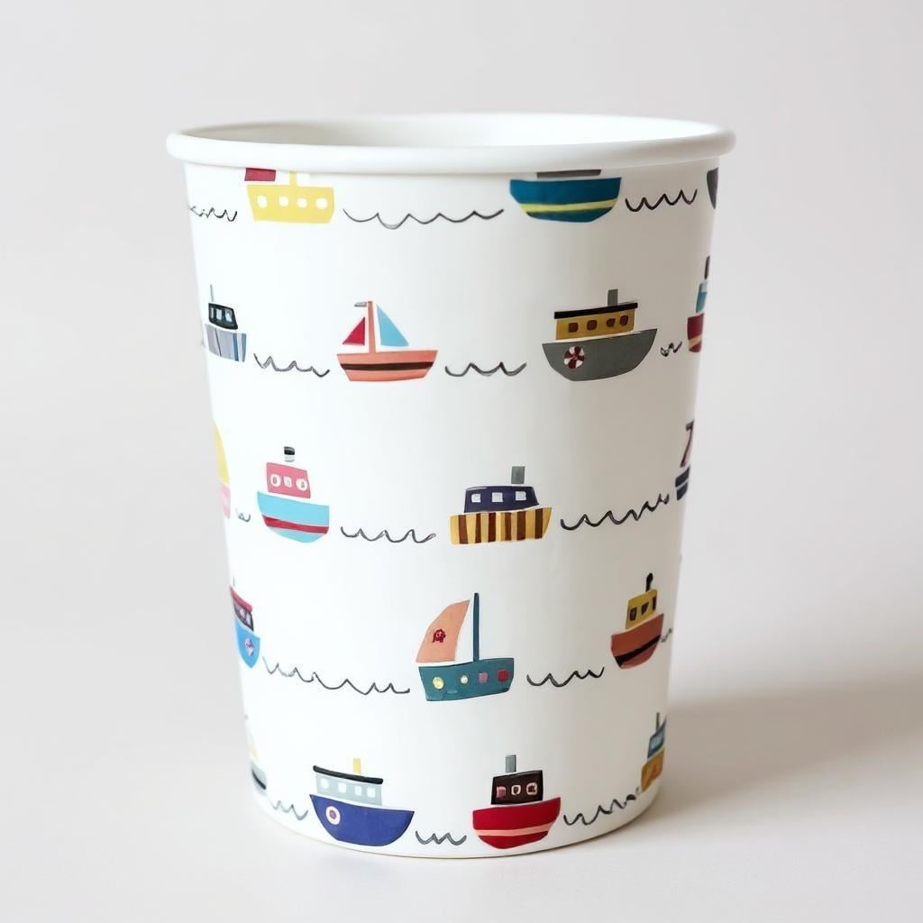 Paper cup with boat pattern on a white background