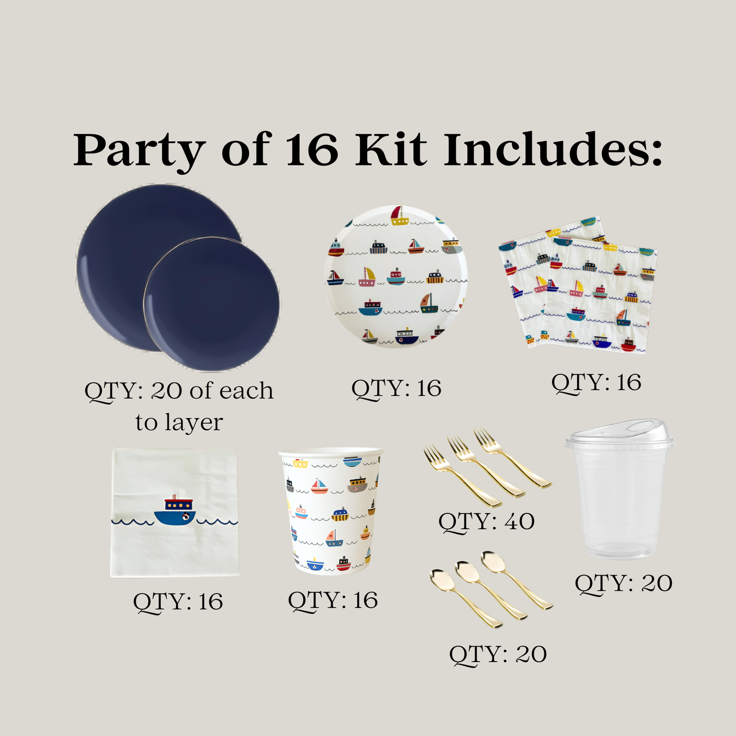 Party of 16 Set Sail kit contents with quantities on a beige background