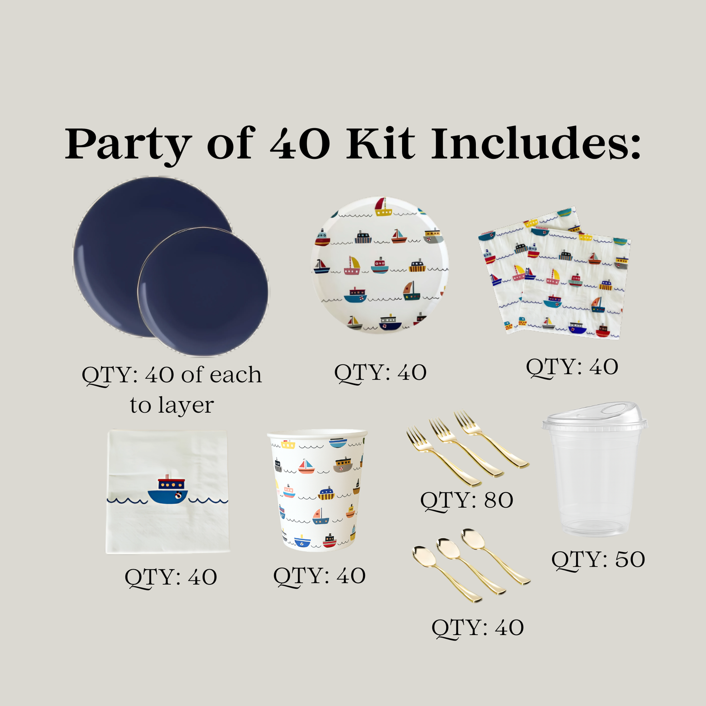 Party of 40 Set Sail kit contents with quantities on a beige background